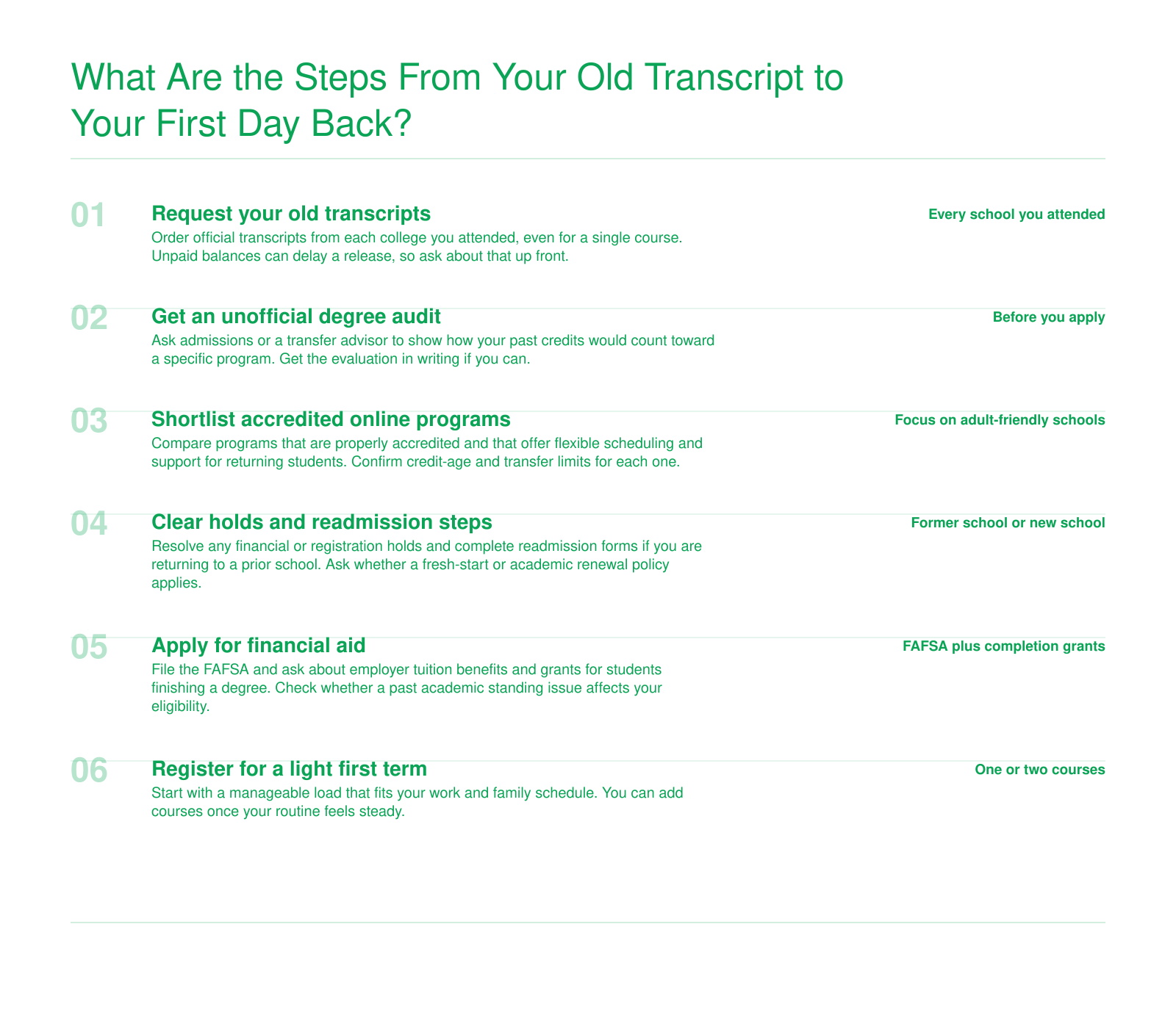 Six ordered steps for returning adults: transcripts, degree audit, program shortlist, clearing holds, financial aid, and a light first term.