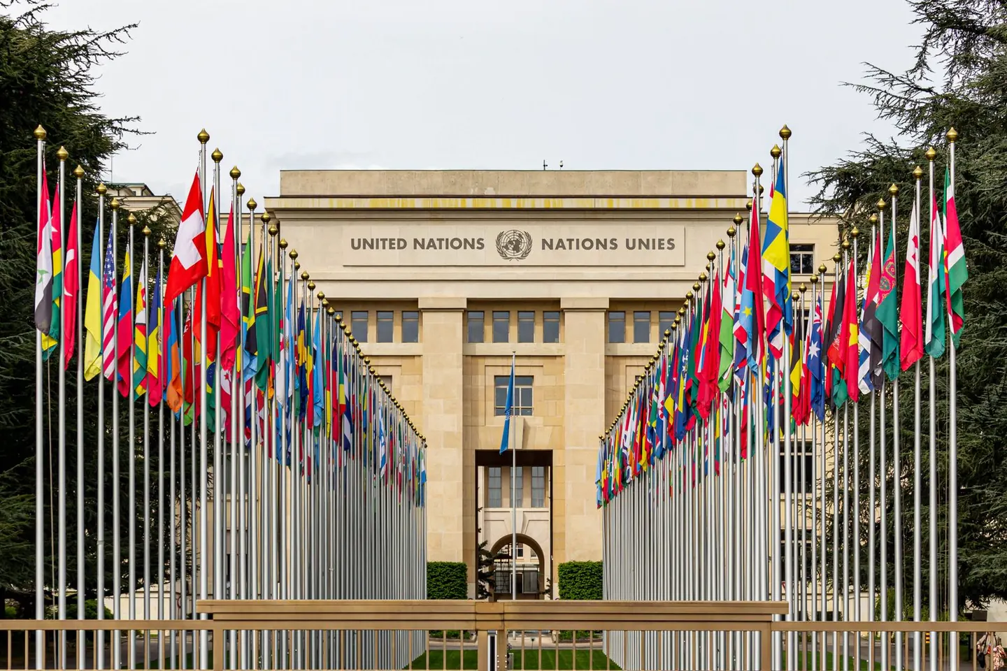 Rows of national flags line the approach to the United Nations building in Geneva.