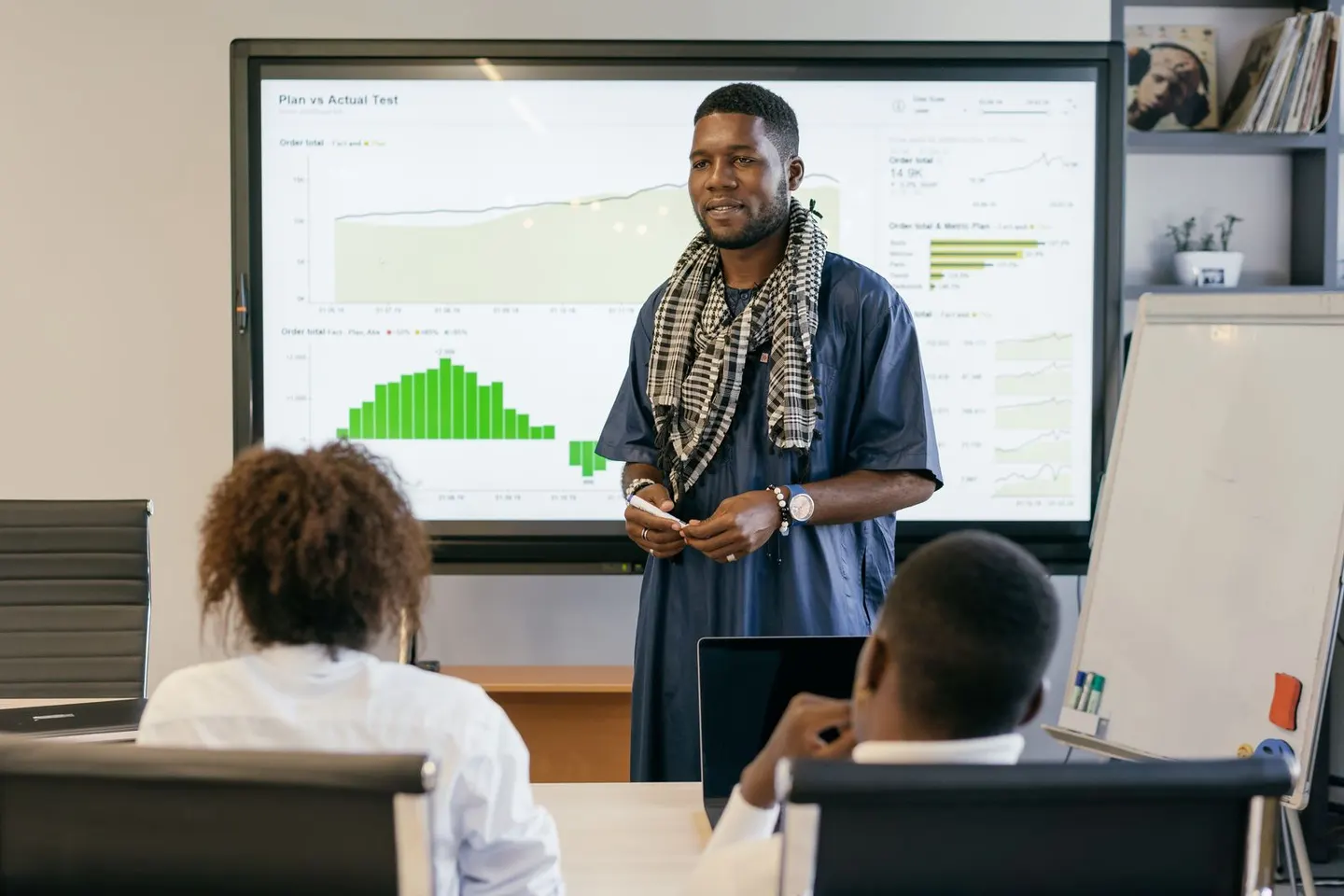 A man presents charts on a large screen to a seated group.