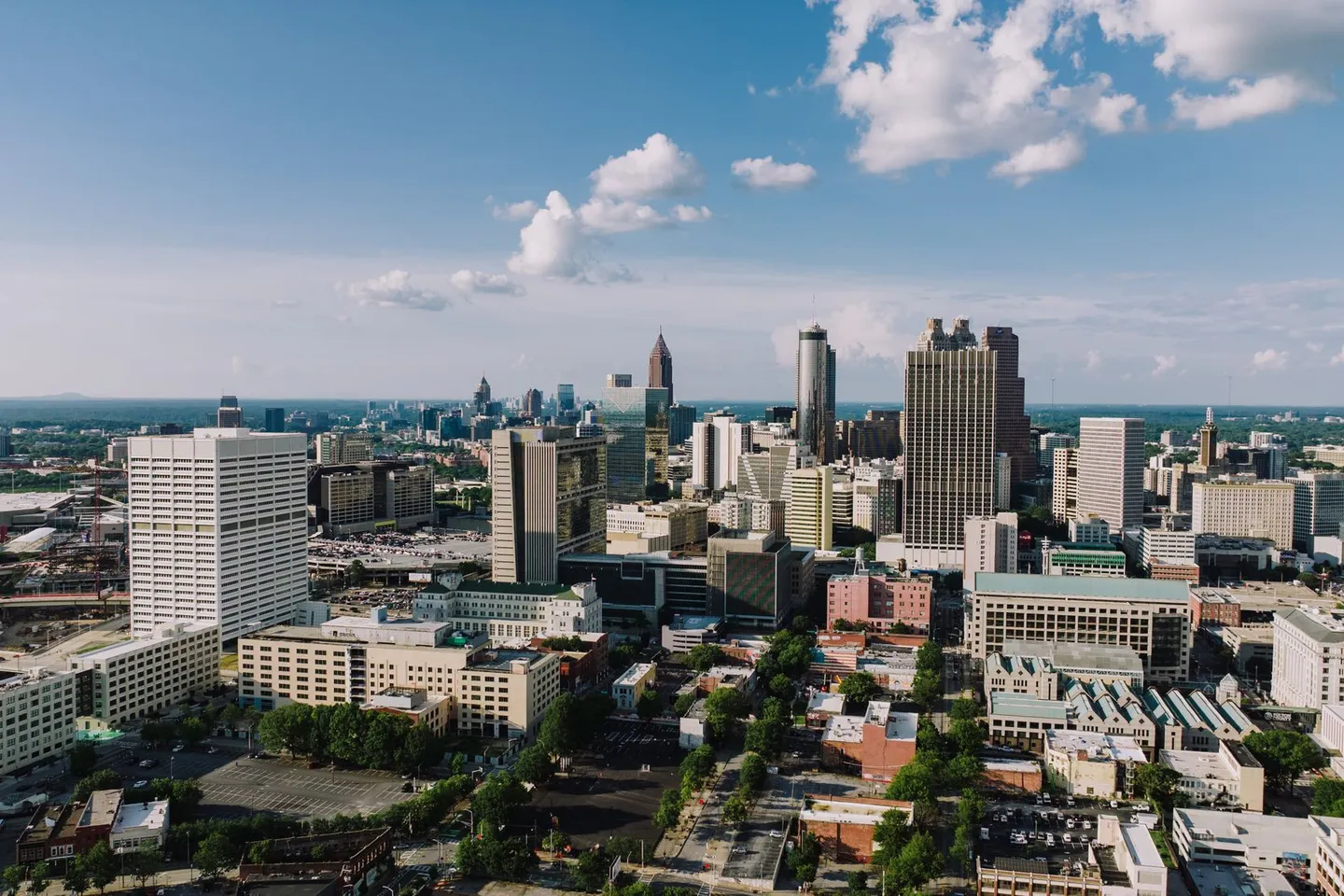 The Atlanta skyline seen from above on a sunny day in Georgia.