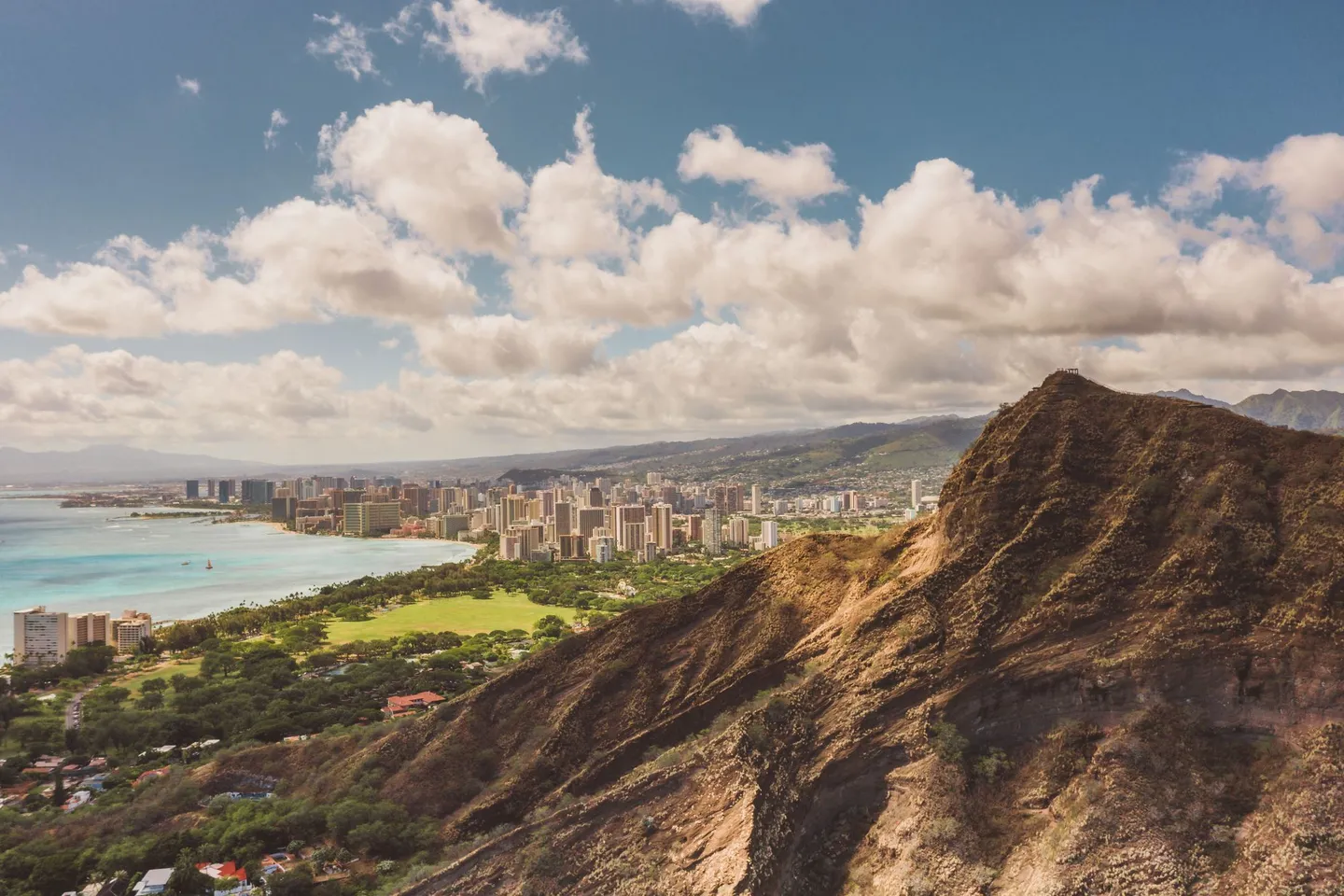 Diamond Head crater overlooks Waikiki and the Honolulu coastline in Hawaii.