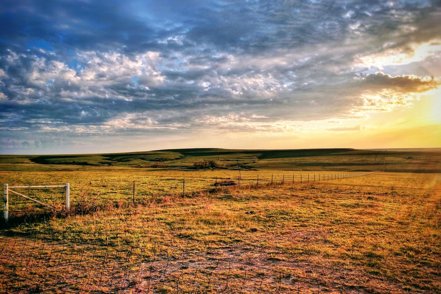 Sunrise lights open grassland and a fence line under layered clouds on the Kansas prairie.