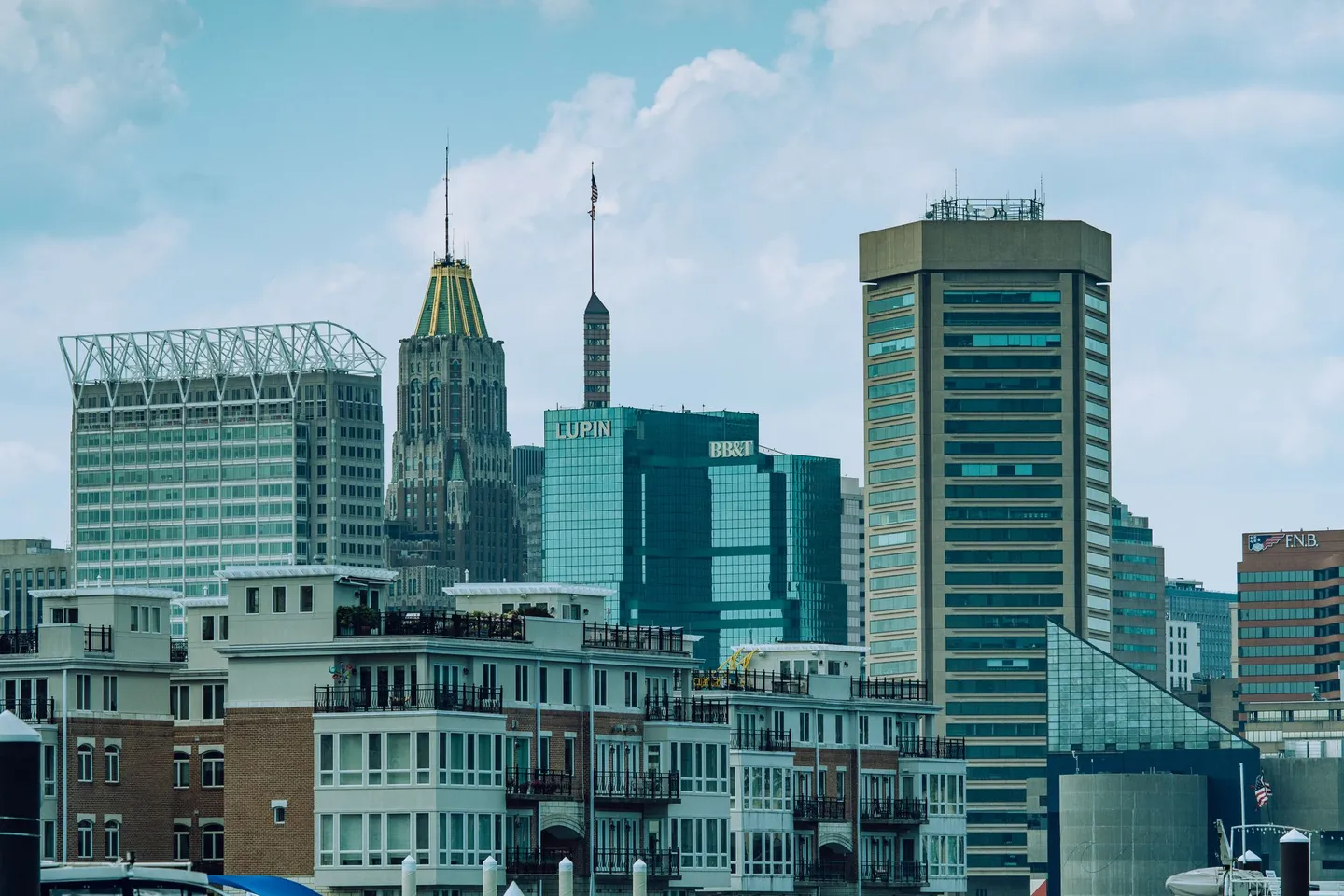 Office towers and waterfront buildings along the Inner Harbor in Baltimore, Maryland.