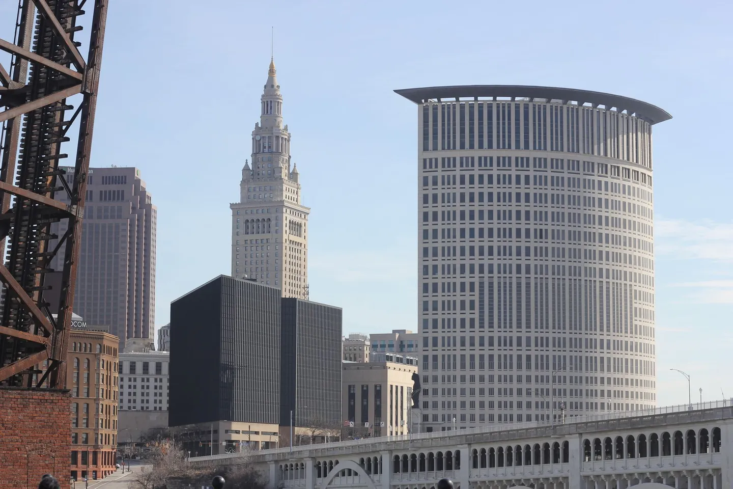 Downtown Cleveland skyscrapers, including the Terminal Tower, on a clear day in Ohio.